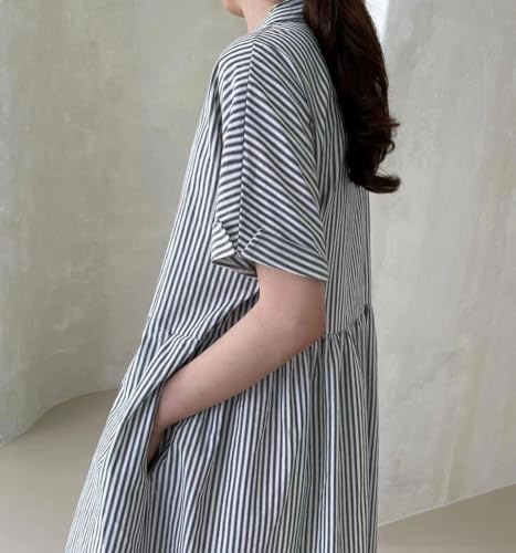 chouyatou Women's Cotton Striped Shirt Dress Button Up Short Sleeve Midi Long Shift Dress with Pockets4