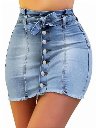 Jean Skirts for Women Denim Mini High Stretchy High Waisted Casual Raw Hem Button Front Tie Jean Pencil Skirt 2025 Trendy