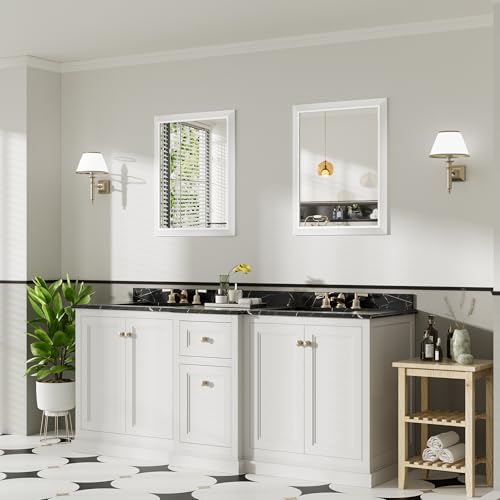 Image of 24x30 Inch White Bathroom Mirror for Wall, Thick Metal Framed Rectangle Mirrors for Over Sink, Bedroom, Living Room, Entryway, Anti-Rust, HD Tempered Glass