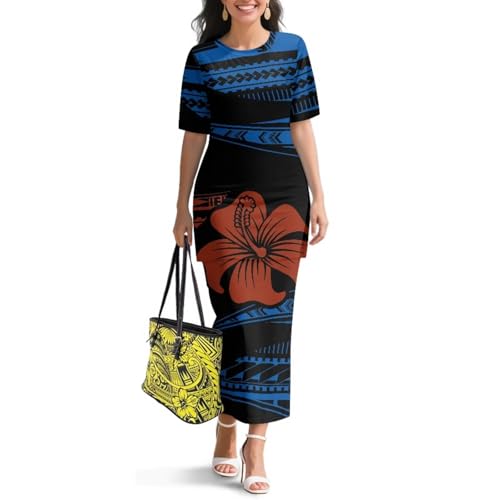 Image of Polynesian Dress for Women Short Sleeve High Waist Maxi Skirt | Puletasi dress, t-shirt and skirt two-piece, elastic material, lightweight, soft, plus size, luau party, wedding, clubwear