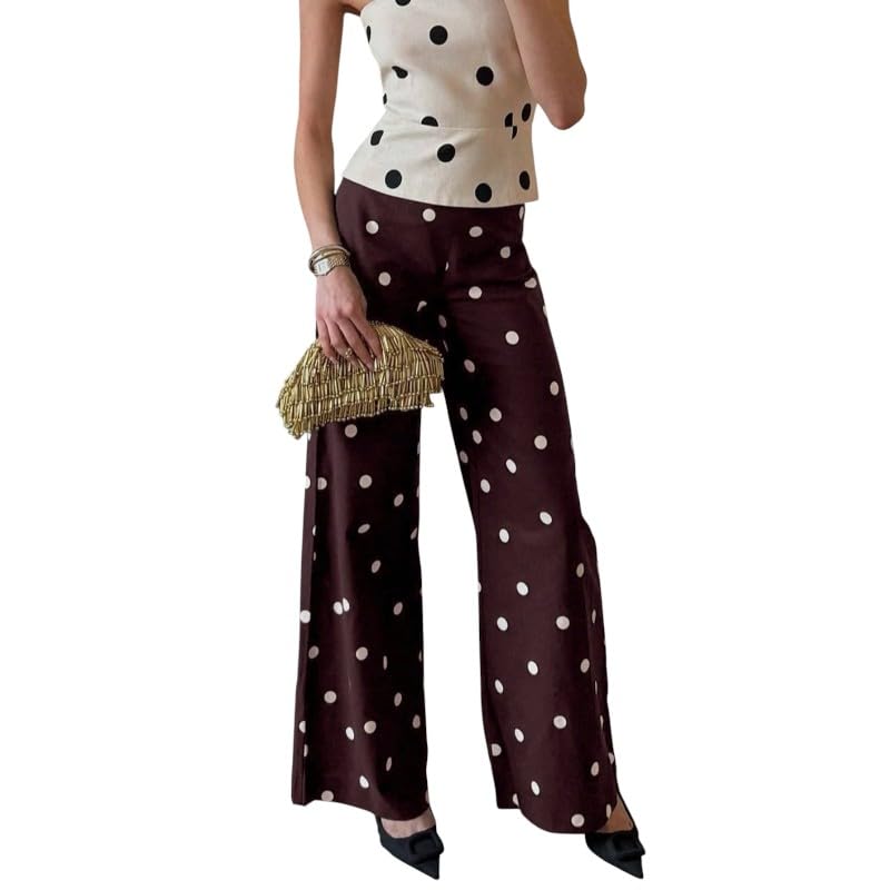 Womens Wide Leg Palazzo Pants High Waisted Slacks for Women Stretch Work Pants Loose Polka Dot Trousers Lounge
