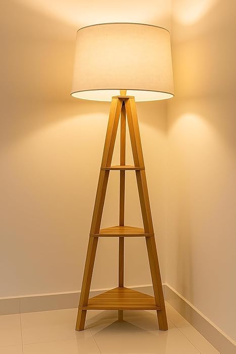 Tripod Standing Floor Lamp, Natural Wood, Beige Fabric Shade, Contemporary Style, for Bedroom, Lounge, Reading Area, and Office