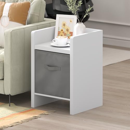 Image of Furinno Viola Side Table, End Table with Storage Bin, White /Light Grey | 1.2-inch Extra Thick Frame, Soft Corner, Night Stand, Bedside Table, for Living Room, Bedroom