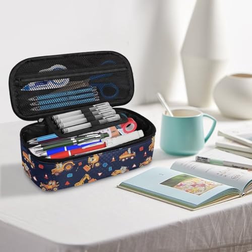Image of Boys Pencil Pouch Construction Vehicle Print Pencil Case for Kids 6-8 Years Portable Pen Bag with Smooth Zipper for Elementary Students