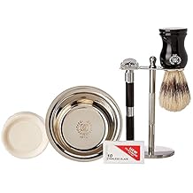 Men Wet Shave Kit 6 pcs Butterfly Opening Long Handle DE Safety Razor, Pure Badger Hair Brush, Shave Stand, Dopp Kit, Shave Soap, Stainless Steel Bowl and 10 Razor Blades Shaving Gift Set for Him