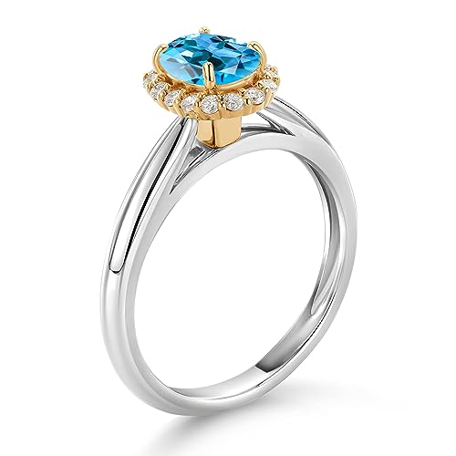 Gem Stone King Halo Engagement Ring For Women In 10K White and Yellow Gold with 7X5MM Oval Gemstone Birthstone and White Lab Grown Diamond | Available In Size 5, 6, 7, 8, 93