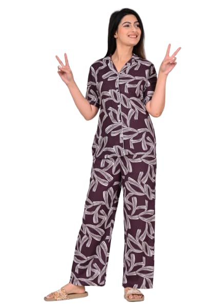Womens Pajama Set | Short Sleeve Printed Shirt with Matching Pants Relaxed Night Suit Set | Night Dress for Woman Two-Piece Set-image-4