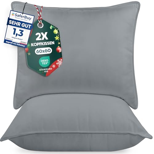 Utopia Bedding KopfKissen (2er Set), 60 x 60 cm Schlafkissen, Atmungsaktiv et Weich Kissen (Grau)