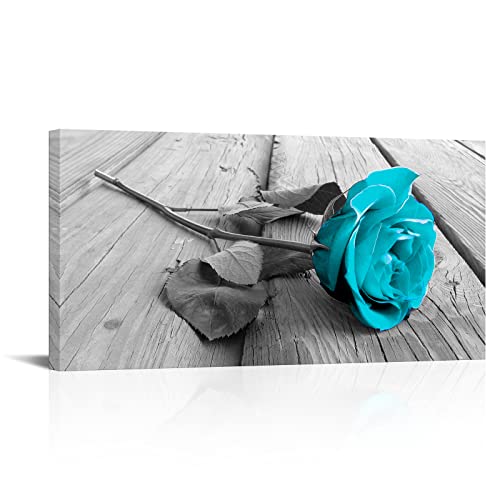 Leinwandbild, Schwarz-Weiß-Blaugrün, Blumenmuster, Valentinstag, groß, moderne Blumendrucke, türkis, Kunstwerk für Schlafzimmer, romantisch gespannt und gerahmt, 50.8x101.6 cm, Schwarz,Weiß,Blaugrün Cover