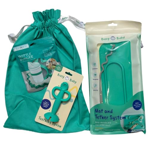 Image of Busy Baby Gift Set - Silicone Placemat with Suction Cups, Bottle Bungee, Teething Spoon and 4 Universal Straps, Keeps Baby Essentials Like Bottles Within Reach & Off The Floor (Spearmint)