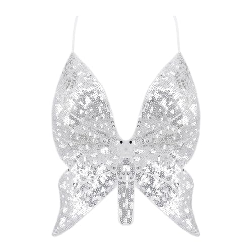 Top corto da donna con paillettes glitterate a farfalla