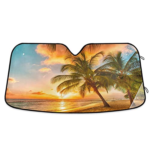 Parasol para parabrisas de automóvil, diseño de palmeras y atardeceres, parasol plegable para ventana delantera de coche, bloquea los rayos UV, protección contra el calor para mantener el vehículo