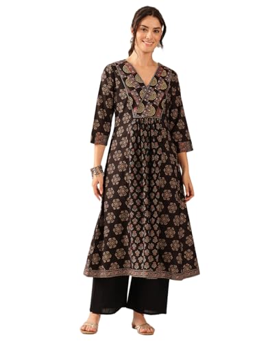 Image of Vbuyz Women's Cotton Floral Print A-Line Regular Fit Kurta