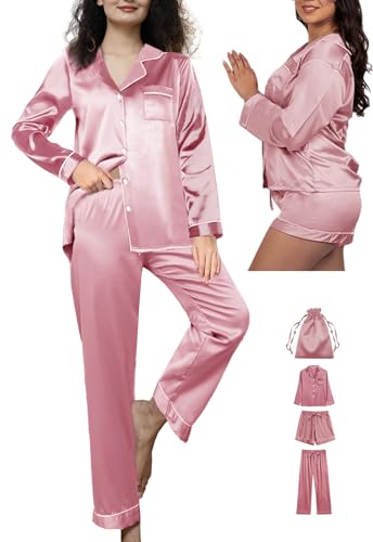 4Pcs Womens Silk Pajamas Set XS-XXL Satin Pajama Sets for women Silky Pj Set Sleepwear Pjs Nightwear Loungewear