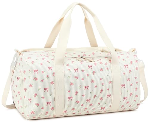 BTOOP Duffle Bag for Girls Kids and Teens Cute Dance and Gym Bag with Shoe Compartment Wet Pocket and Trolley Sleeve 23L Water-Resistant Pink Bow Floral Design for Sports and Overnight Travel