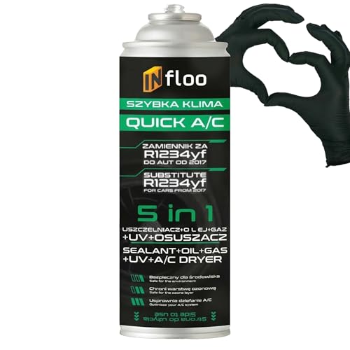 INfloo Quick A/C 5in1 R134a – Kältemittel Ersatzgas mit Öl, Dichtmittel, UV-Kontrastmittel und Trockner – 205 g für Auto Klimaanlagen bis Baujahr 2016