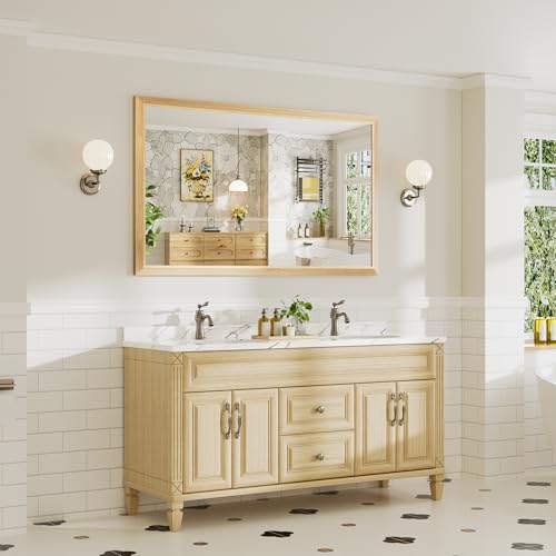 Image of 60x36 Inch Bathroom Mirror for Wall, Anti-Rust Oak Wood Grain Metal Framed Bathroom Mirrors for Over Sink,Rectangler Mirrors for Bathroom Vanity, Farmhouse, Bedroom, Living Room, Entryway Decor