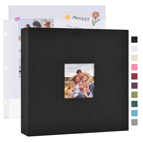 Mublalbum 12x12 Inch DIY Scrapbook Photo Album with 20 Plastic Sleeves 40 Pages Linen Cover 3 Ring Folder Binder for Wedding Baby Family and DIY Projects (Black)