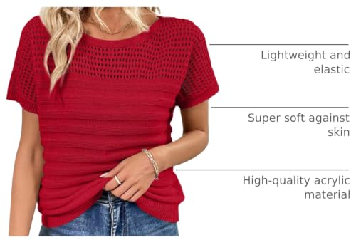 Image of SHEWIN Womens Sweaters Crew Neck Short Sleeve Shirts Summer Tops Knit Hollow Out T Shirts Sweater Blouses
