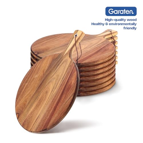 Tabla de cortar redonda de madera de acacia con mango miniatura 6