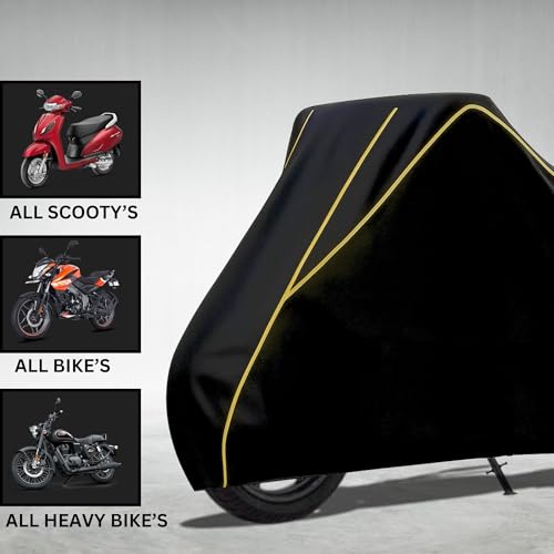Image of Elite Water Resistant Bike Cover for TVS Apache RTR 160 4V Rain, UV & Dust Protection, Universal Fit, All-Weather Water Resistant Two-Wheeler Cover, Keeps Bike Cool (Black with White Piping)