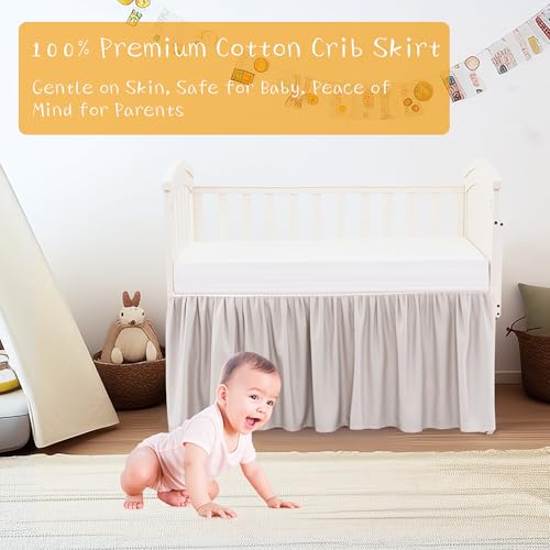 Image of Crib Bed Skirt Dust Ruffle 100% Cotton - Natural, Soft, Breathable for Baby's Delicate Skin, Nursery Toddler Crib Bed Skirt for Baby Boys Girls, Fits Standard Cribs 28 inch x 52 inch with 14 inch Drop