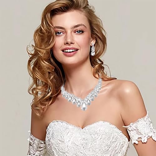 Qlavoca Crystal Teardrop Bridal Jewelry Set Bib Statement Necklace Dangle Earrings Women Costume Fashion Jewelry Accessories (Clear Silver) by Qlavoca - Used condition - Image 3