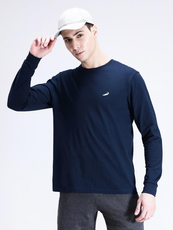 Image of CROCODILE Men Solid Sport Fit T Shirt | Round Neck | Long Sleeve | Regular Length | Basic Casual Pull On Topwear