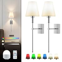 Warmiehomy Rechargeable Wall Lights Set of 2, Battery Operated Wireless Wall Sconces with Remote & Dimmable Bulb, 3 Color Temperature & 16 RGB Colors, Indoor Wall Lamp for Living Room Bedroom, Chrome