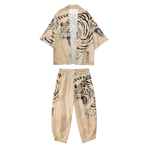 Image of DOSLAVIDA Men's Japanese Kimono Jacket Set Stylish Open Front Coat With Shorts Chinese Style Printed Cardigan Suit