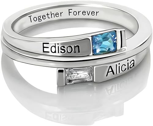 Custom Double Baguette Bypass Rings With Two Birthstones and Three Names For Women 925 Sterling Silver Personalized Wedding Engagement Rings Birthday Jewelry Christmas Gifts3