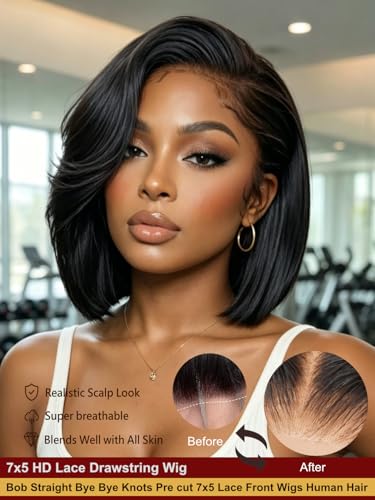 Image of Sunber Layered Bob Drawstring Wig Human Hair with Side Swept Bangs Pre Cut 7x5 HD Lace Front Bye Bye Knots Glueless Wigs Put and Go Human Hair Pre Plucked Bleached Invisible Knots Read to Wear 10Inch