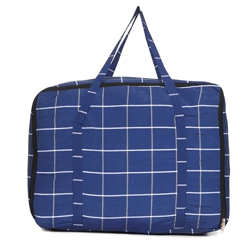 Image of HOUSE FOX (5 pc) Jumbo XXXL Cotton 142 Litre Underbed Storage Bag for Double Blanket | Quilt | Clothes | Traveling Storage Bag with Heavy Zipper & Strong Handle MultiPurpose 70x60x34 Cm Navy Blue