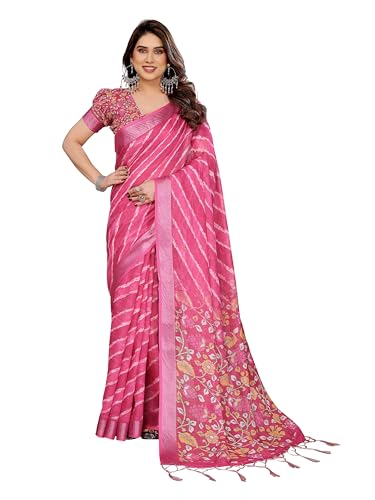Image of Women's Zari Border Cotton Linen Printed Saree with Blouse