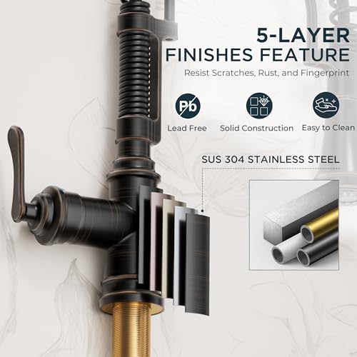 Image of FORIOUS Kitchen Faucet with Pull Down Sprayer, Oil Rubbed Bronze, Stainless Steel Single Handle Spring Antique Kitchen Sink Faucet with Deck Plate, Sutiable for Farmhouse, RV, Camper, Wet Bar