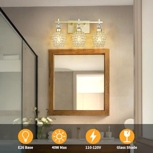 Image of Modern Crystal Bathroom Light Fixtures - Gold 3 Light Vanity Lighting with Crystal Wall Lamps Over Mirror