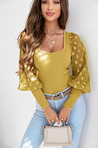 Image of miduo Womens Tops Square Neck Polka Dot Balloon Long Sleeve Top Shirts Slim Knit Ribbed Tops Blouses