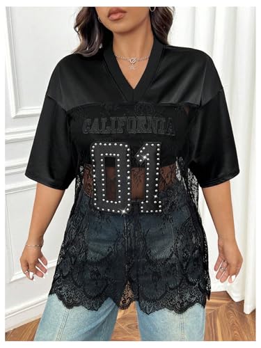 Milumia Women's Plus Size Letter Print Lace Sheer Mesh Jersey Shirt Half Sleeve V Neck Oversized Tee Top3