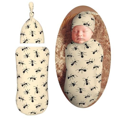 Image of Cartoon Black Ants Newborn Swaddle Blankets Hat Sets Soft Baby Receiving Blanket Swaddle Sack for Baby Shower Infant Boy Girl Gift