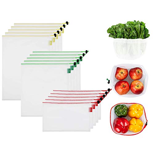 Bebebao Reusable Polyester Mesh Produce Grocery Storage Bags with Drawstring Rope 15 pcs