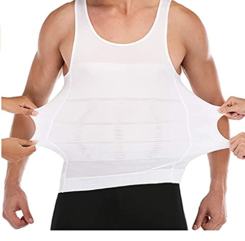 Image of Men's Body Shaper Slimming Shirt Tummy Vest Thermal Compression Base Layer Belly Buster Underwear Slim Muscle Tank Top Shapewear(White)