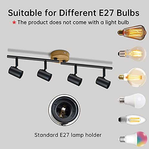 Ketom Plafonnier 4 Spots Orientables E27 Spots de Plafond Rotatif à 350° et Réglable à 90° Intérieur Lampe Murale en Bois Noir Plafond Spot Vintage pour Bureau Salon Hôtel Max 50W (Sans Ampoules) - Image 5