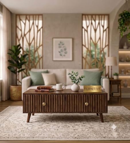 Image of Solid Sheesham Wood Coffee Table & Center Table for Living Room with Rattan Cane Lift-Down Shutter & Open Shelf, Solid Wooden Teapoy for Sofa with Storage | Tea Table (B-Walnut)