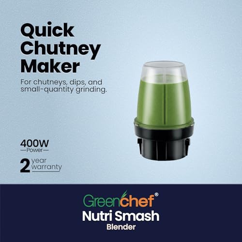 Image of Greenchef Nutri Smash Food Blender| Stainless Steel blades| Anti Slip Base| 400 Watts Power| 2 jars with 3 lids| Warranty 2 Years