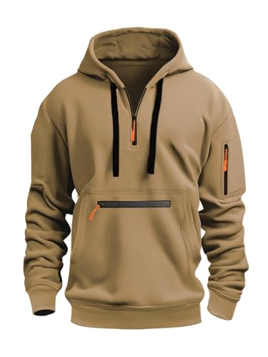 JFAN Sudadera con Capucha para Hombres Basic Sudadera con Media Cremallera y Bolsillo Delantero Casual Sudadera con Manga Larga,Caqui,L