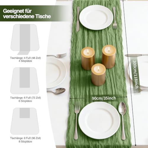 3 Stück Käsetuch Tischläufer Tiefes Salbeigrün, 300 x 90 cm Boho Gaze Tischläufer Cheesecloth Läufer für Hochzeit, Geburtstagsfeiern… – Ansicht 2