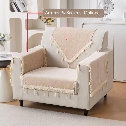 Image of HOKIPO 'Serenity Tassel' Chenille 1 Seater Sofa Cover with Tassel - Ivory Fringe (IN-890-BGE)