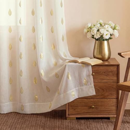 Urban Space Gold Foil Sheer with Texture, Curtains for Window, 35-40% Room Darkning, Set of 2 Decorative Curtains with Tieback and Eyelets (Vanya Buttercream, Window- 5 Feet)