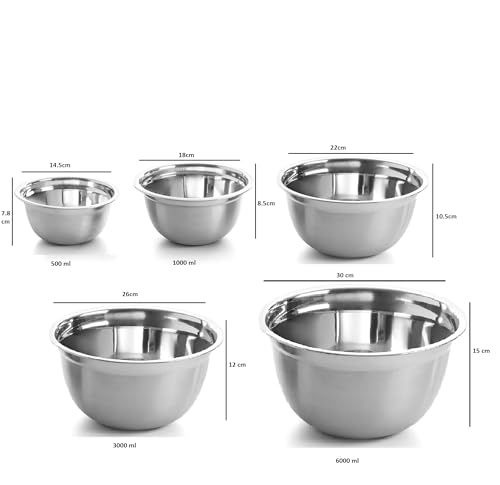 Image of Shiyon Stainless Steel Mixing Bowls Set Without Lid-Silver (5 Bowl Set)