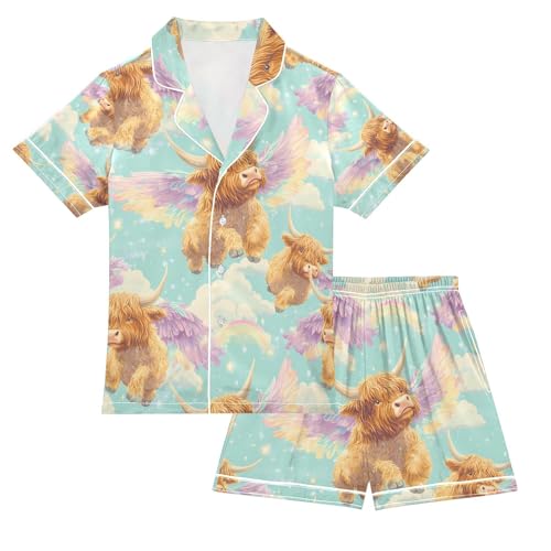senya Highland Cattle with Wings Satin Summer Pajama Sets Silk Short Sleeve Button Down Sleepwear